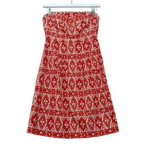 J.Crew Strapless Ikat Dress Womens 0 Red White Geometric Cocktail Prep Partypy
